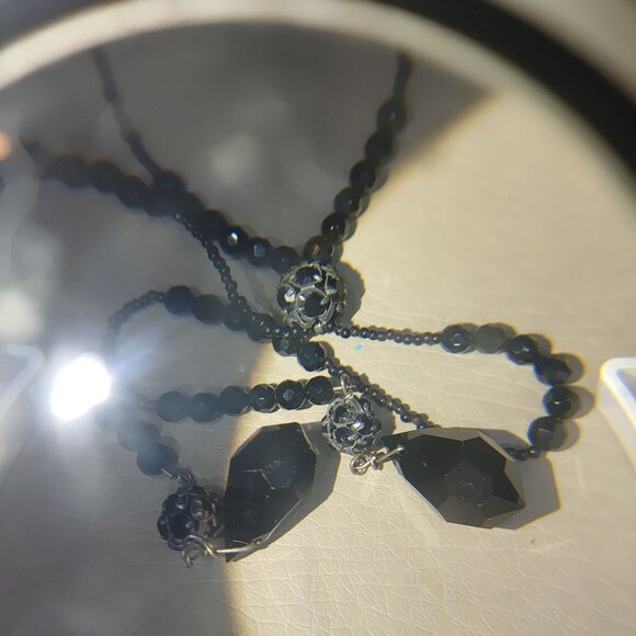 925 Tassels Black Faceted Beaded Necklace Mourning Vintage Victorian Jet Glass - Picture 12 of 16